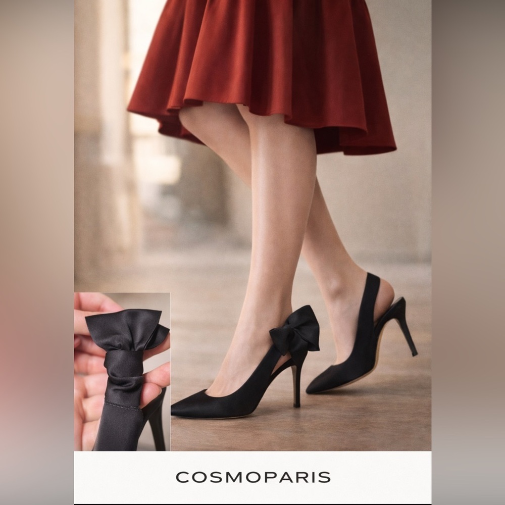 COSMOPARIS Elegant Satin Black Bow Slingback Heels - Women